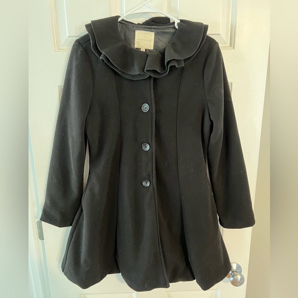 Girls Copper Key Ruffle Collar Pea Coat, Black. Size 14/16.